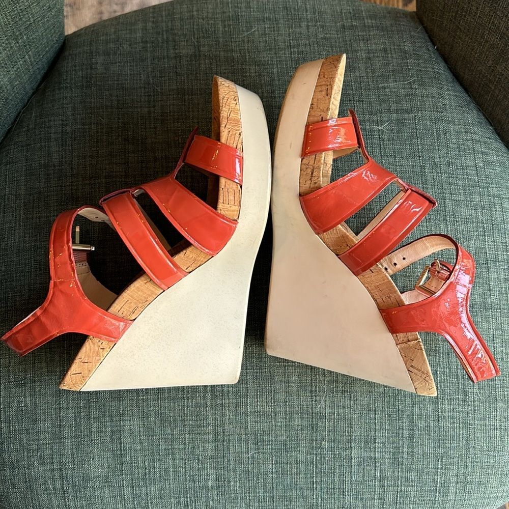 Coach Fran Wedge Ankle Strap Sandals Women sz 7 orange platform patient leather - Picture 6 of 9